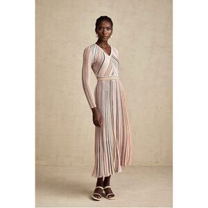 Miss Rosier Long Sleeve Pink Striped Ribbed Pleated Maxi Dress Small 4